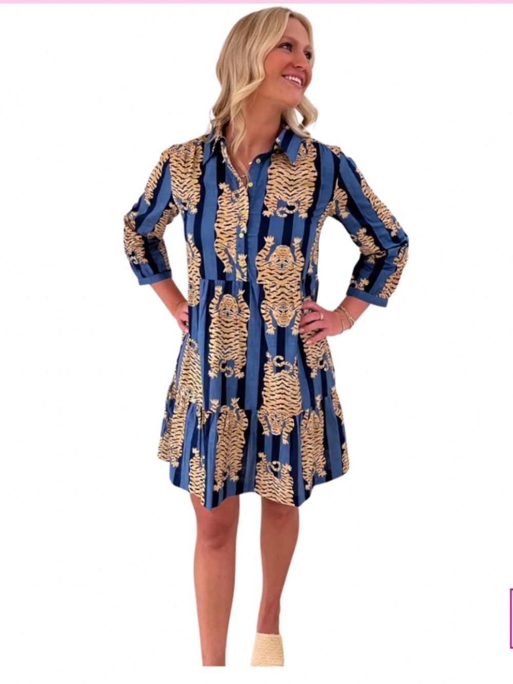 LIZA BYRD Kalie Cotton Tiger Print Dress in Blue Stripe, NWT
